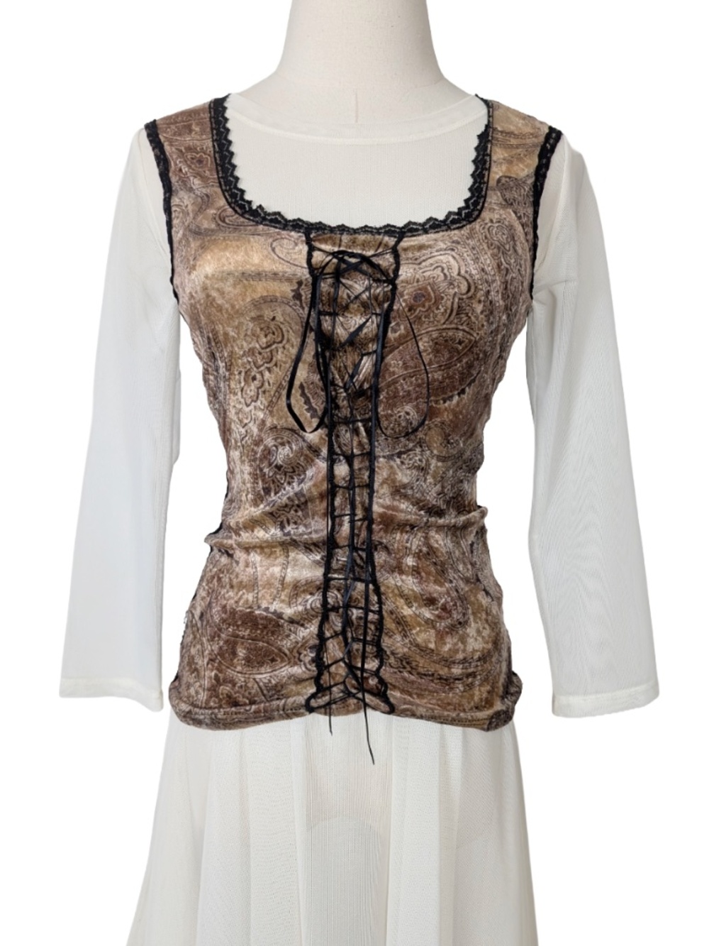 90's Le Chateau Lace Up Tank Top Brown Black Size Small Coquette